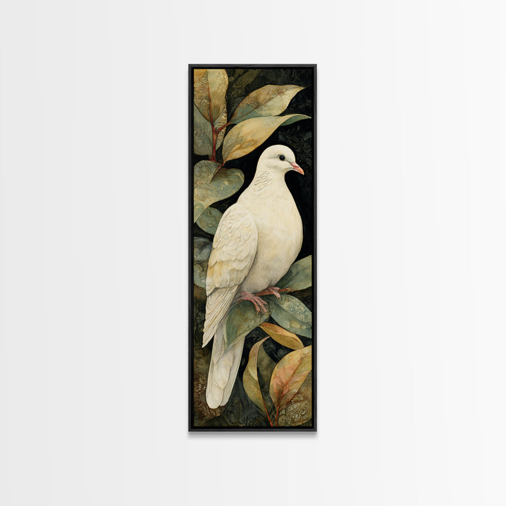 White Dove with Olive Branch and Calm Framed Canvas Print, Bird Art, Japanese Wall Art, Living Room Decor, Fine Art, Flight, BIR-1x3-76