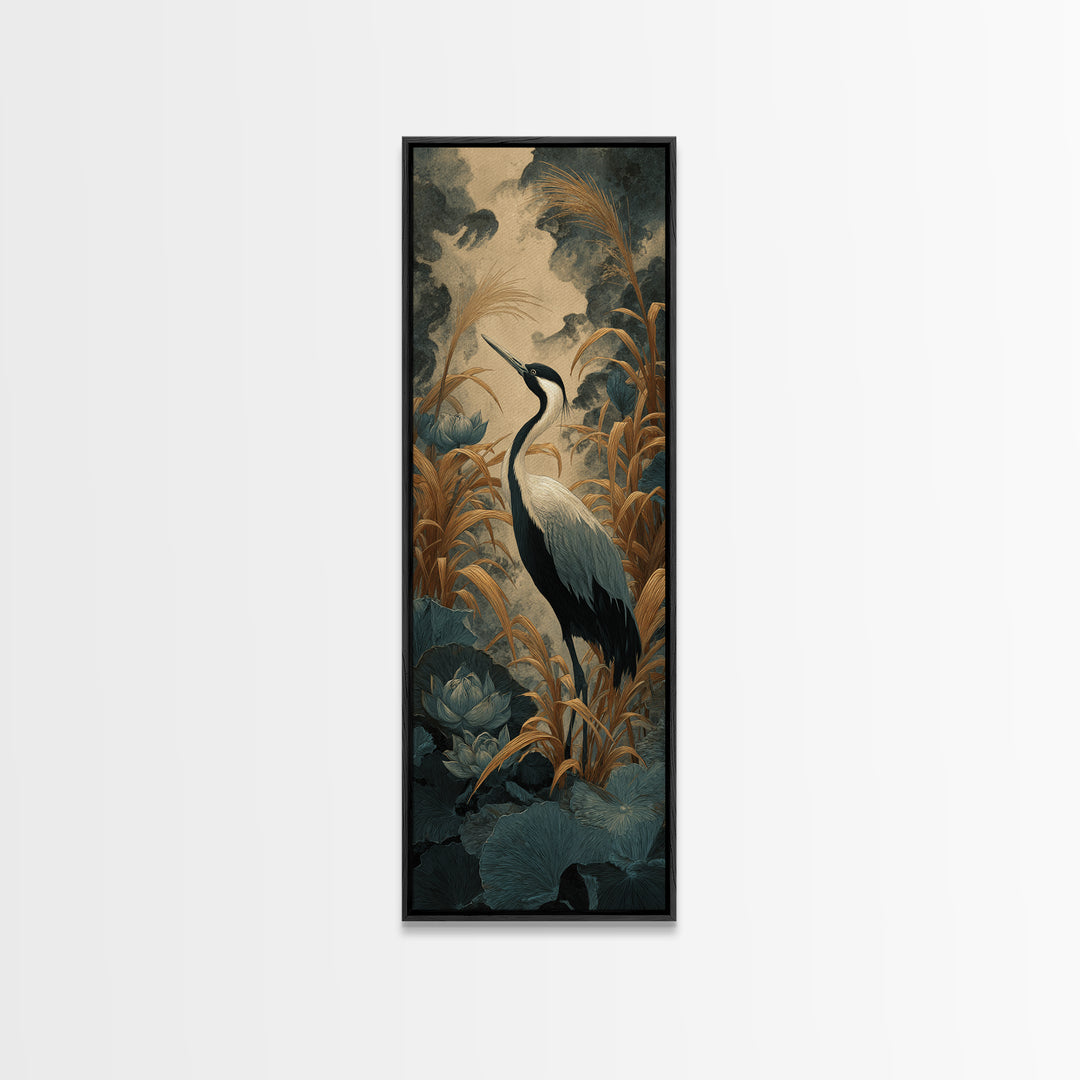 Crane and Lotus Composition Canvas Print, Bird Art, Art Print, Living Room Decor, Fine Art, Flight, Original Art, Digital Print, BIR-1x3-77