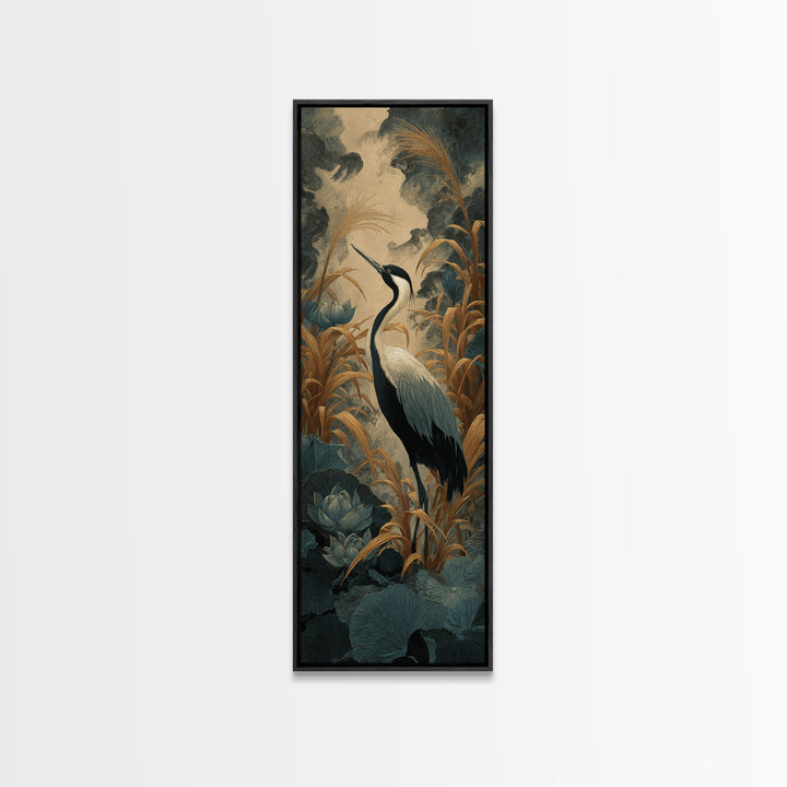 Crane and Lotus Composition Canvas Print, Bird Art, Art Print, Living Room Decor, Fine Art, Flight, Original Art, Digital Print, BIR-1x3-77