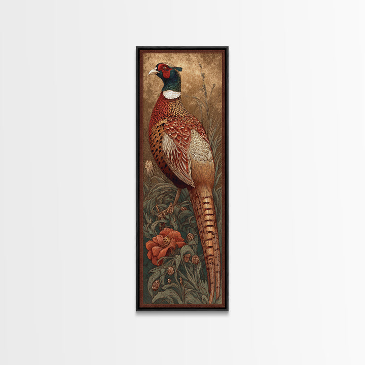 Pheasant with Ornate Feather Details Framed Canvas Print, Bird Art, Modern Art, Living Room Decor, Fine Art, Flight, Floral Art, BIR-1x3-79
