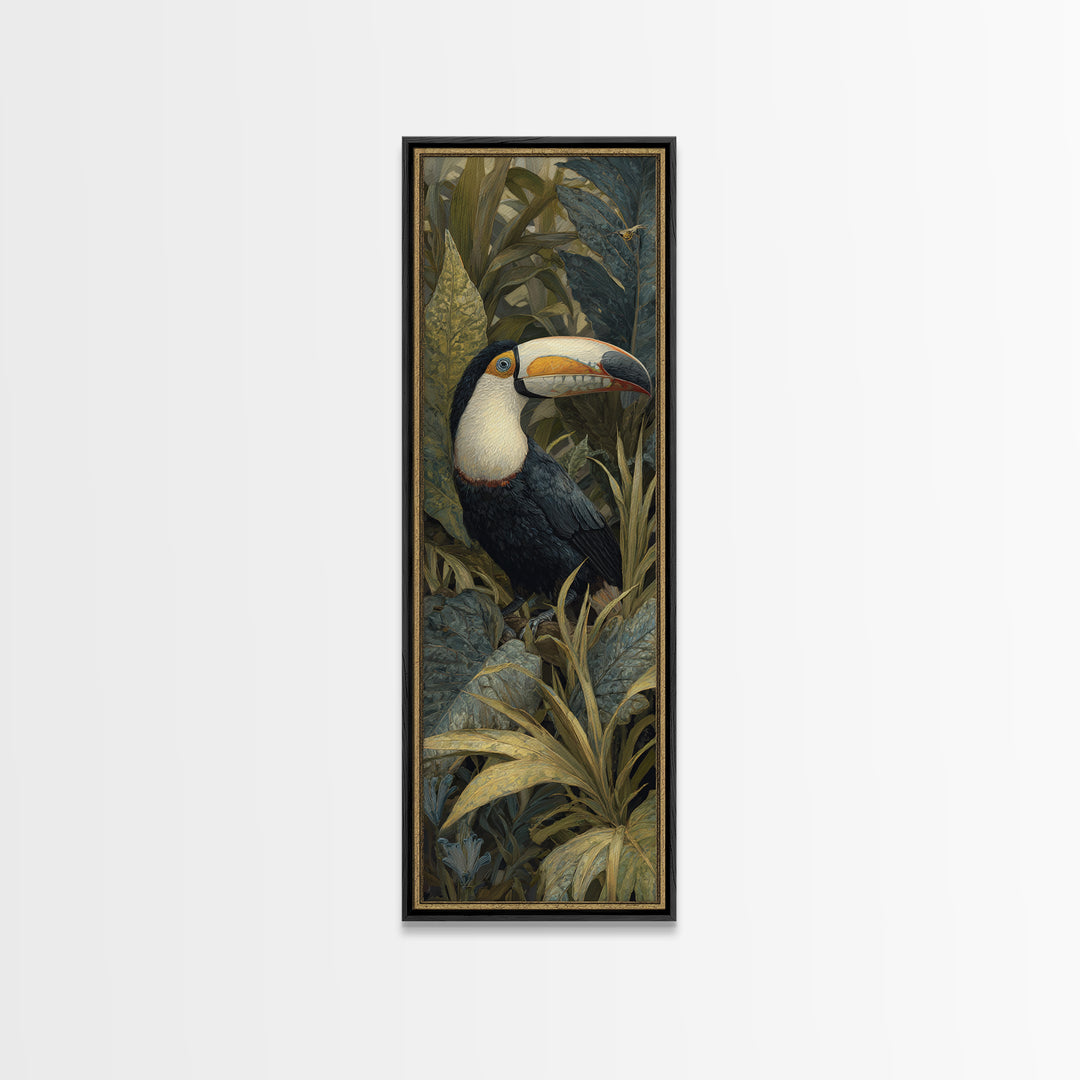 Toucan Framed by Bold Jungle Foliage Framed Canvas Print, Bird Art, Botanical Wall Art, Living Room Decor, Fine Art, Flight, BIR-1x3-83