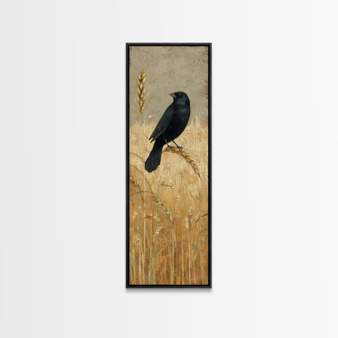 Blackbird on Gold Wheat Field Framed Canvas Print, Bird Art, Printable Art, Living Room Decor, Flight, Mid Century Wall Art, BIR-1x3-84