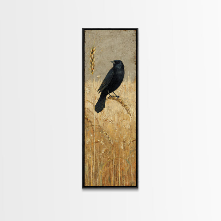 Blackbird on Gold Wheat Field Framed Canvas Print, Bird Art, Printable Art, Living Room Decor, Flight, Mid Century Wall Art, BIR-1x3-84