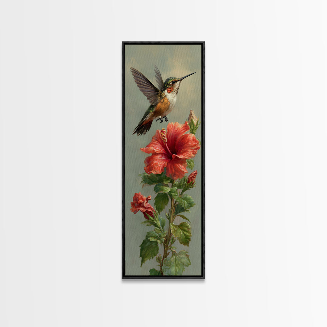 Hummingbird Hovering Beside Bright Hibiscus Canvas Print, Bird Art, Living Room Decor, Fine Art, Flight, Rustic Home Decor, BIR-1x3-88