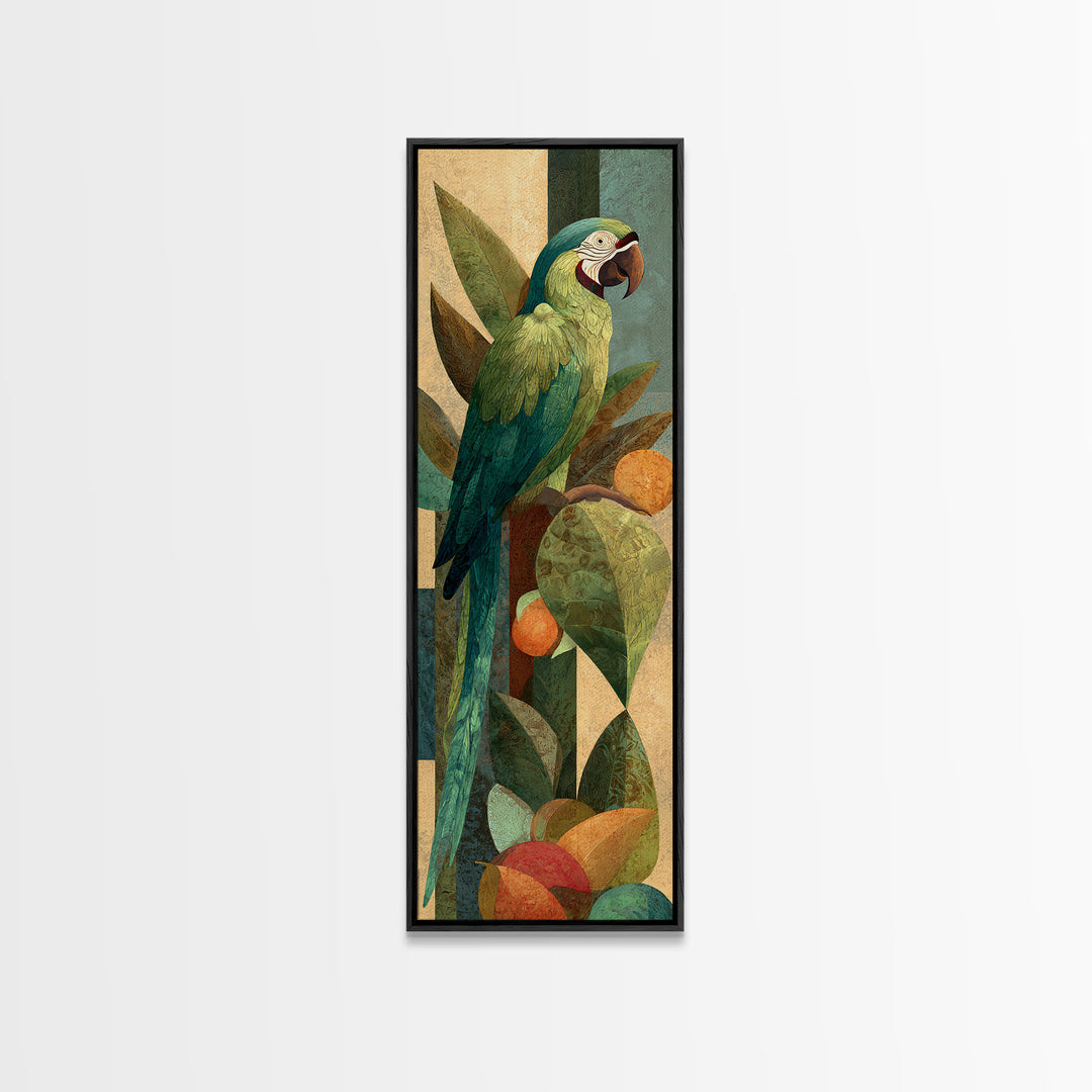 Parrot Among Tropical Leaves and Fruit Canvas Print, Bird Art, Rustic Home Decor, Living Room Decor, Oil Painting, Flight, BIR-1x3-97