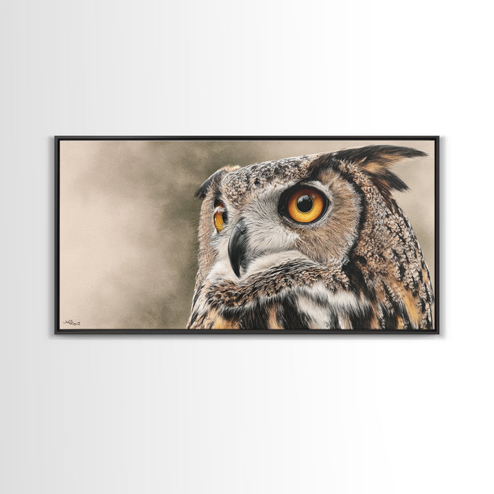 Owl Portrait with Wise Golden Eyes Framed Canvas Print, Bird Art, Home Decor, Living Room Decor, Flight, Modern Wall Art, BIR-2x1-1