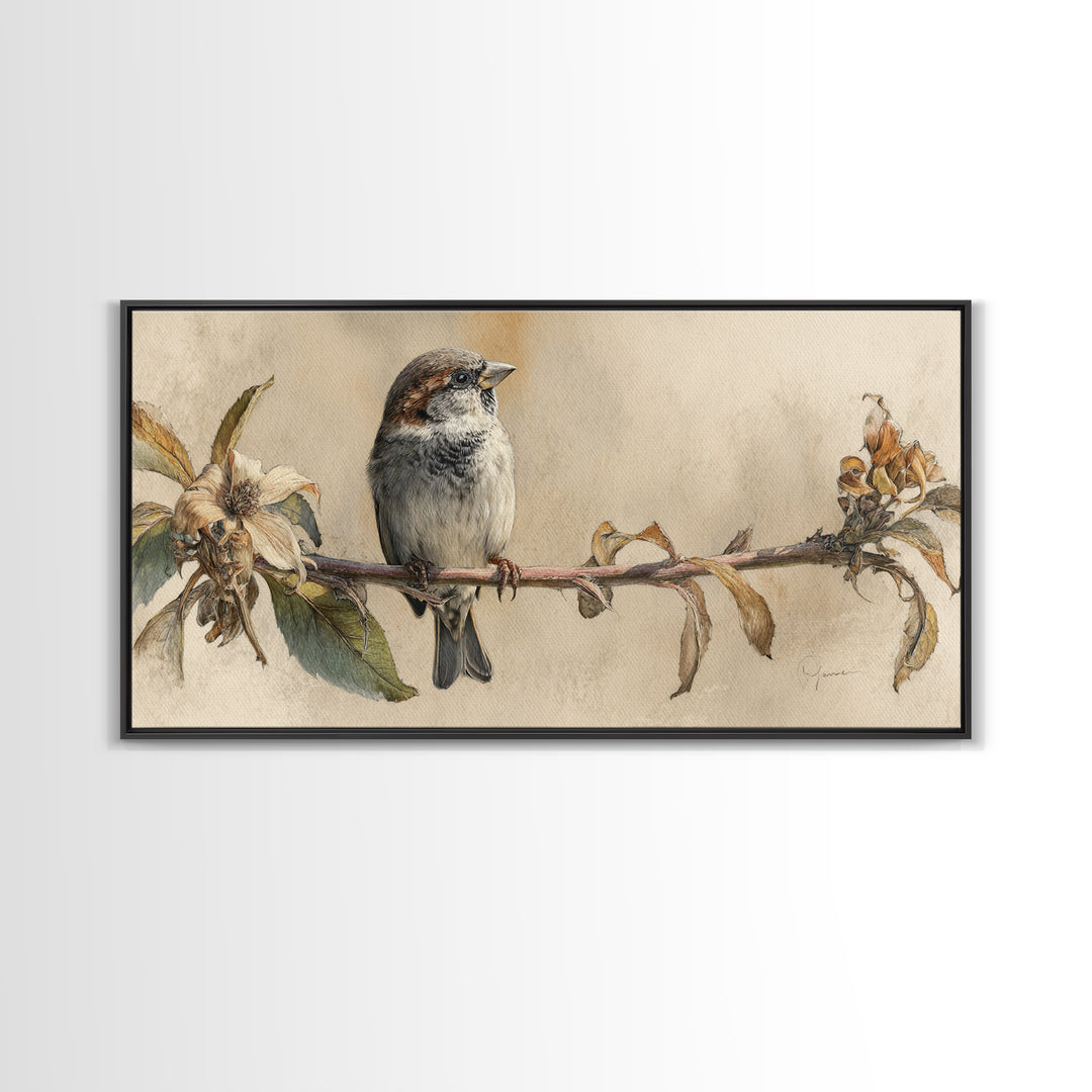 Small Sparrow on Wildflower Stem Framed Canvas Print, Bird Art, Art Print, Living Room Decor, Watercolor Art, Flight, BIR-2x1-10