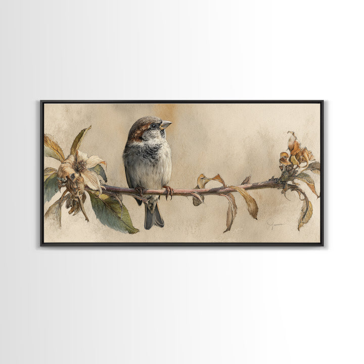 Small Sparrow on Wildflower Stem Framed Canvas Print, Bird Art, Art Print, Living Room Decor, Watercolor Art, Flight, BIR-2x1-10