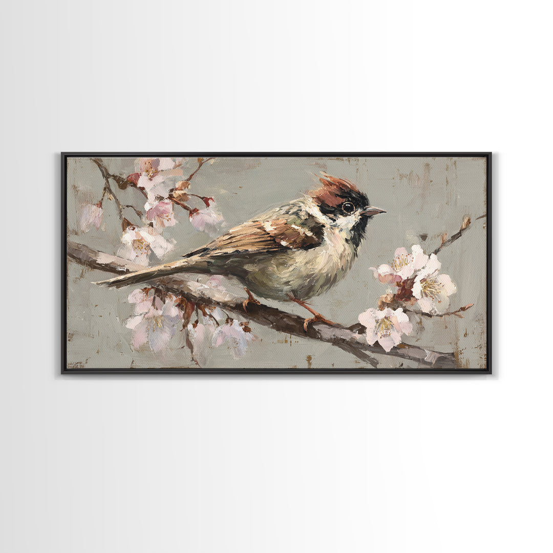 Songbird Perched on Cherry Blossoms Framed Canvas Print, Bird Art, Mid Century Wall Art, Living Room Decor, Fine Art, Flight, BIR-2x1-100