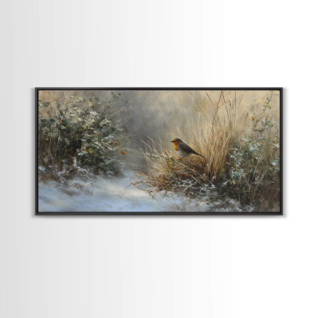Robin in a Spring Garden with Soft Framed Canvas Print, Bird Art, Gallery Wall, Living Room Decor, Flight, Gallery Decor, BIR-2x1-11