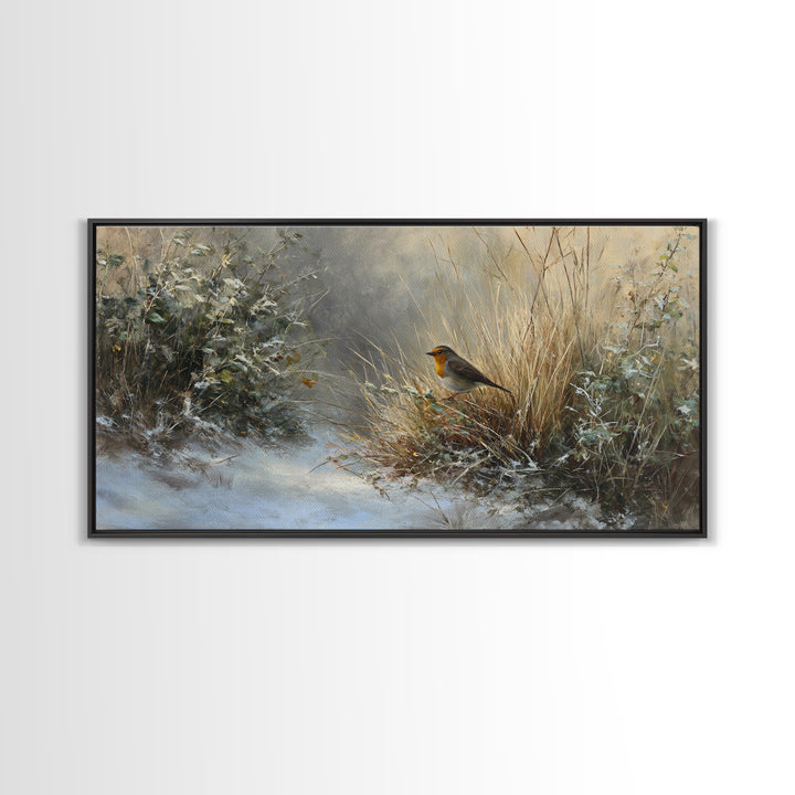 Robin in a Spring Garden with Soft Framed Canvas Print, Bird Art, Gallery Wall, Living Room Decor, Flight, Gallery Decor, BIR-2x1-11