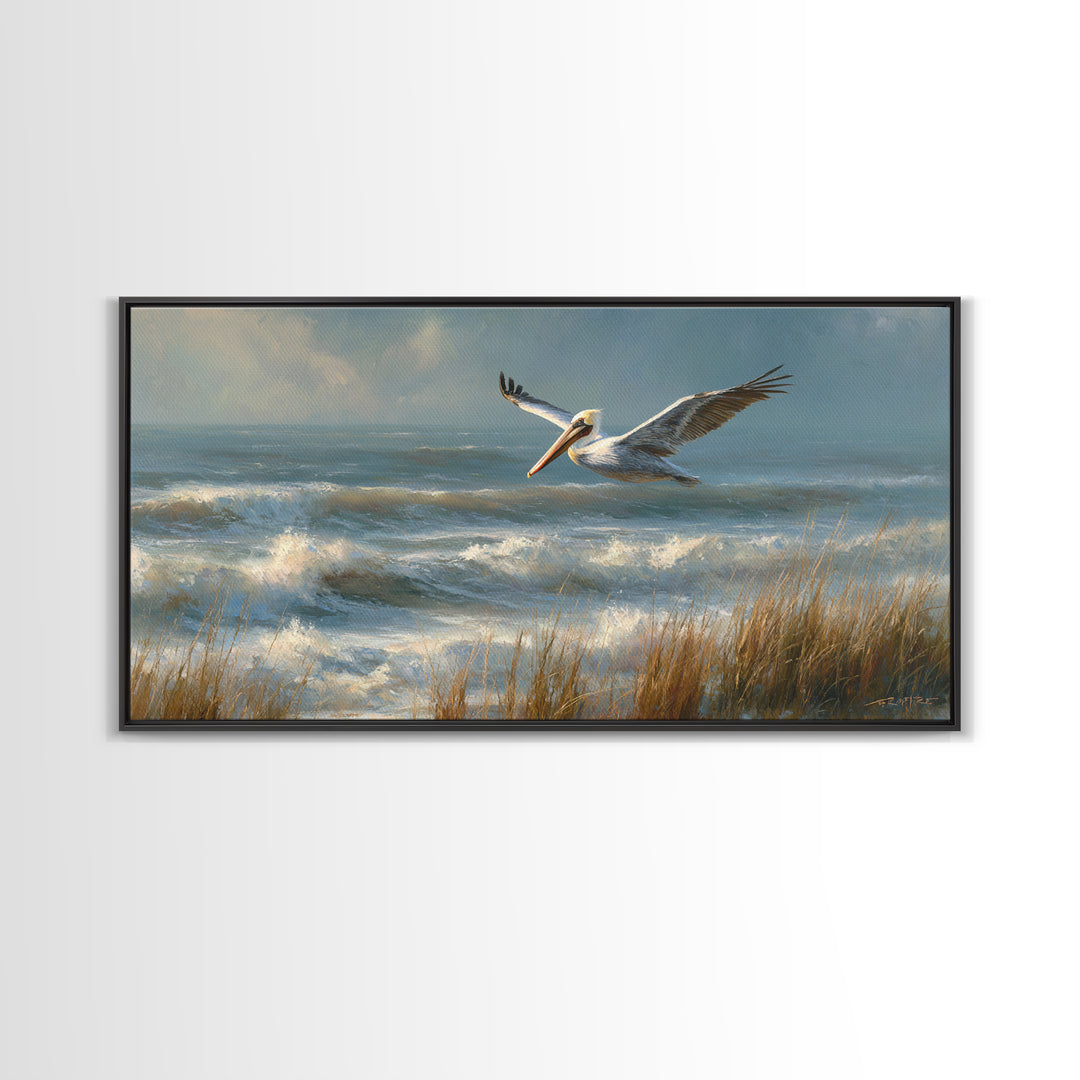 Pelican Flying over Coastal Waves Framed Canvas Print, Bird Art, Fine Art Print, Living Room Decor, Watercolor Art, Flight, BIR-2x1-14