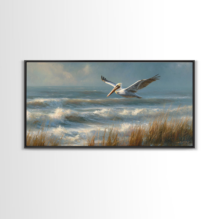 Pelican Flying over Coastal Waves Framed Canvas Print, Bird Art, Fine Art Print, Living Room Decor, Watercolor Art, Flight, BIR-2x1-14