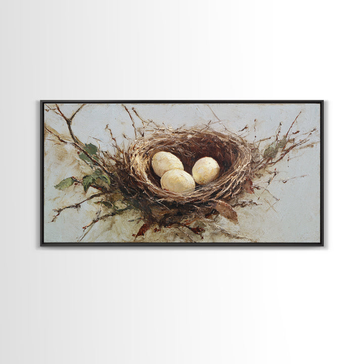 Bird Nest with Eggs and Delicate Twigs Framed Canvas Print, Bird Art, Statement Artwork, Living Room Decor, Fine Art, Flight, BIR-2x1-18