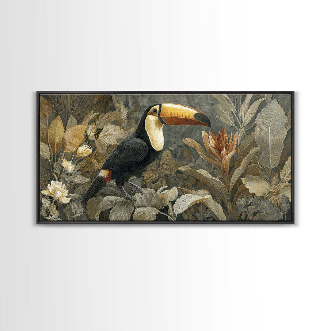 Toucan Framed by Bold Jungle Foliage Framed Canvas Print, Bird Art, Bird Wall Art, Living Room Decor, Fine Art, Flight, BIR-2x1-19