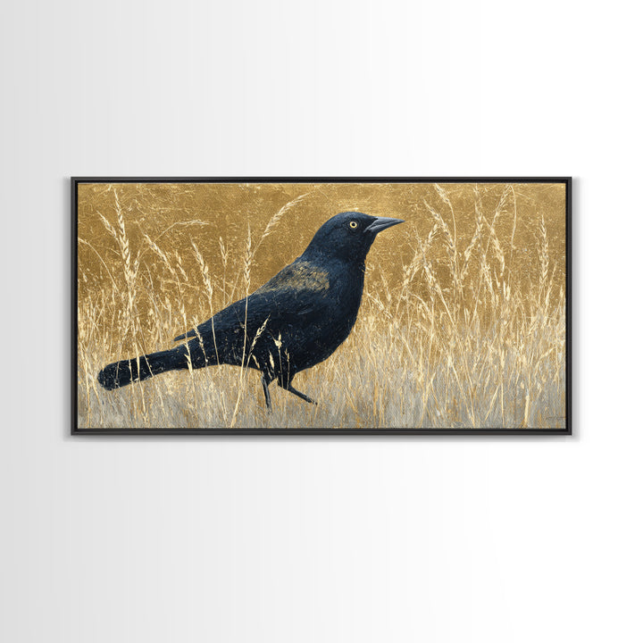 Blackbird on Gold Wheat Field Framed Canvas Print, Bird Art, Statement Artwork, Living Room Decor, Flight, Digital Prints, BIR-2x1-20