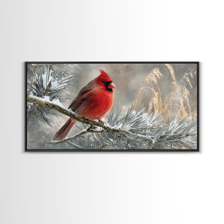 Red Cardinal on Snowy Pine Branch Canvas Print, Bird Art, Wall Art, Living Room Decor, Fine Art, Flight, Japanese Wall Art, BIR-2x1-21