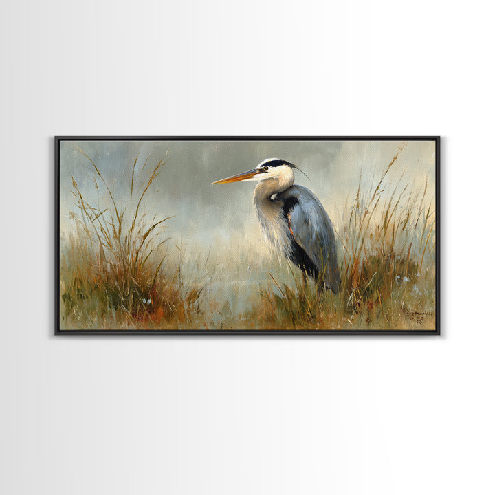 Blue Heron in Misty Marsh Grass Canvas Print, Bird Art, Boho Decor, Living Room Decor, Fine Art, Flight, Printable Wall Art, BIR-2x1-22