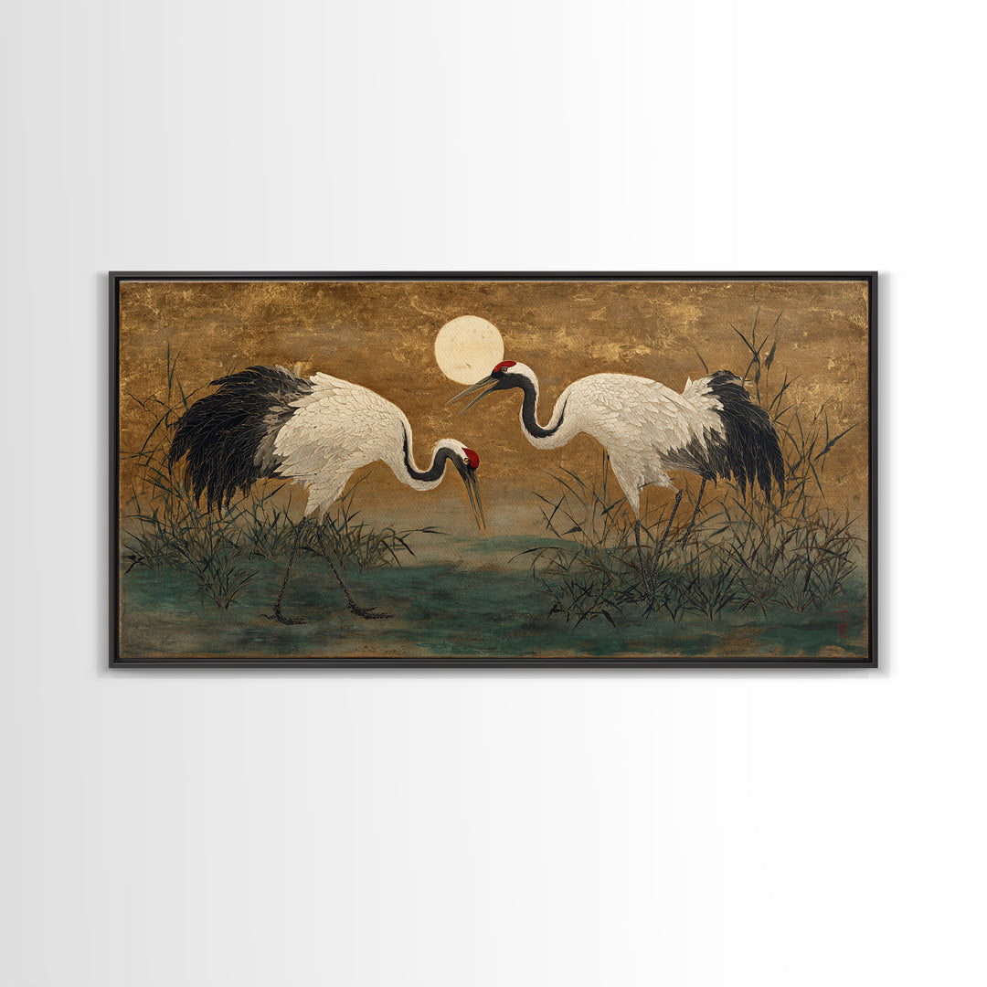 Pair of Cranes Dancing Framed Canvas Print, Bird Art, Art Deco, Living Room Decor, Watercolor Art, Flight, Gallery Wall, BIR-2x1-23