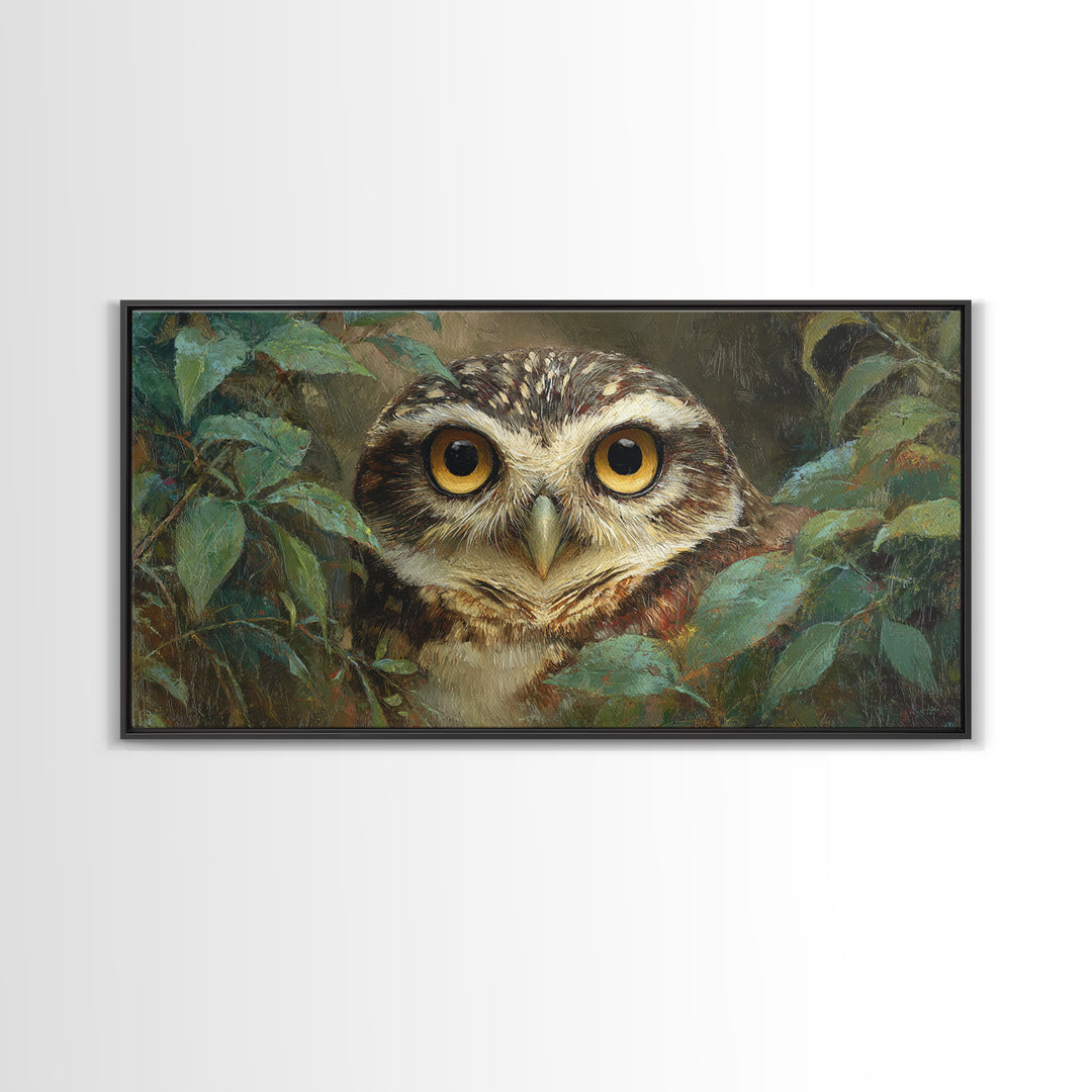 Owl Portrait with Wise Golden Eyes Framed Canvas Print, Bird Art, Home Decor, Living Room Decor, Flight, Modern Wall Art, BIR-2x1-25