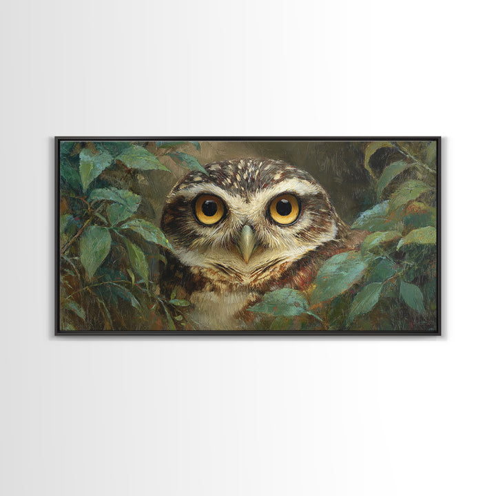 Owl Portrait with Wise Golden Eyes Framed Canvas Print, Bird Art, Home Decor, Living Room Decor, Flight, Modern Wall Art, BIR-2x1-25