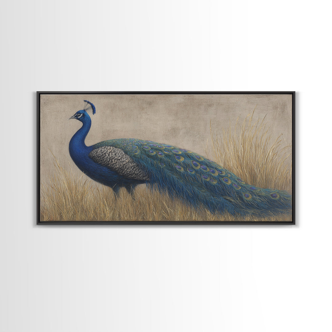 Peacock with Jewel Tone Feather Pattern Framed Canvas Print, Bird Art, Fine Art Print, Living Room Decor, Oil Painting, Flight, BIR-2x1-27