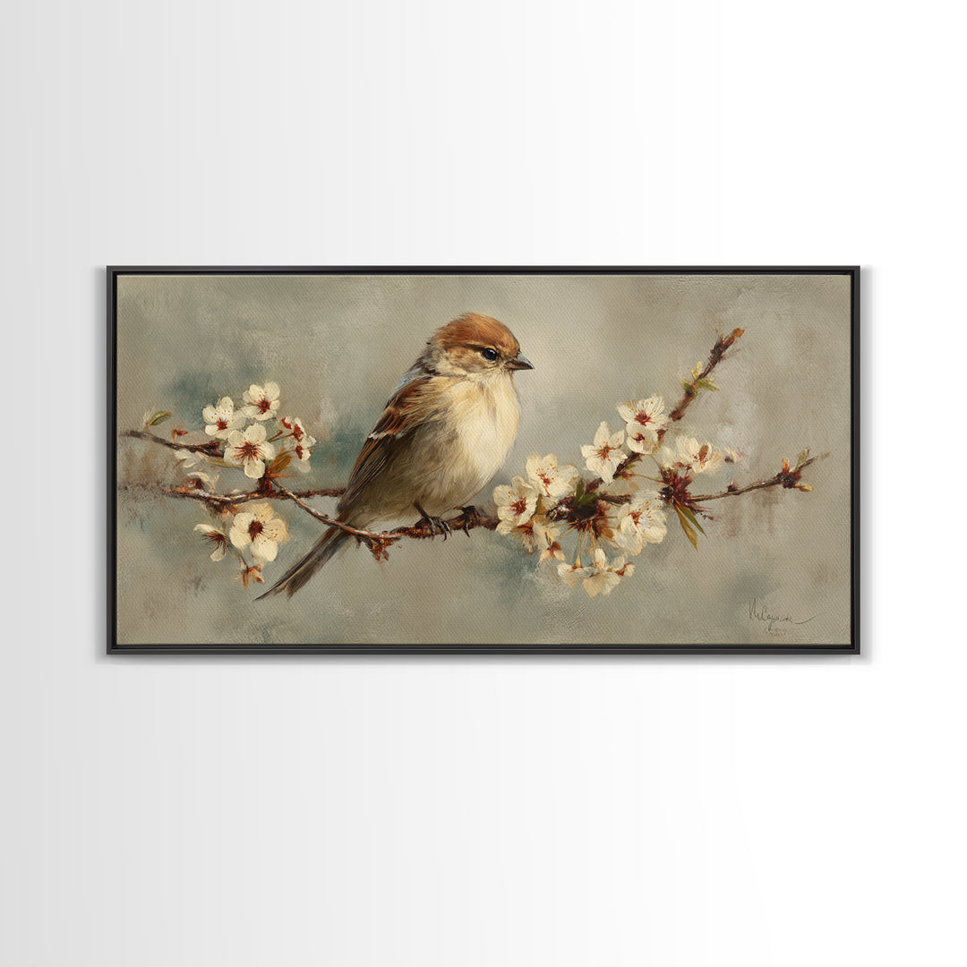 Songbird Perched on Cherry Blossoms Framed Canvas Print, Bird Art, Minimalist Decor, Living Room Decor, Fine Art, Flight, BIR-2x1-28