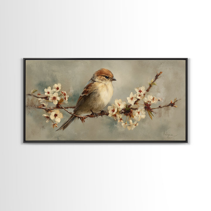 Songbird Perched on Cherry Blossoms Framed Canvas Print, Bird Art, Minimalist Decor, Living Room Decor, Fine Art, Flight, BIR-2x1-28