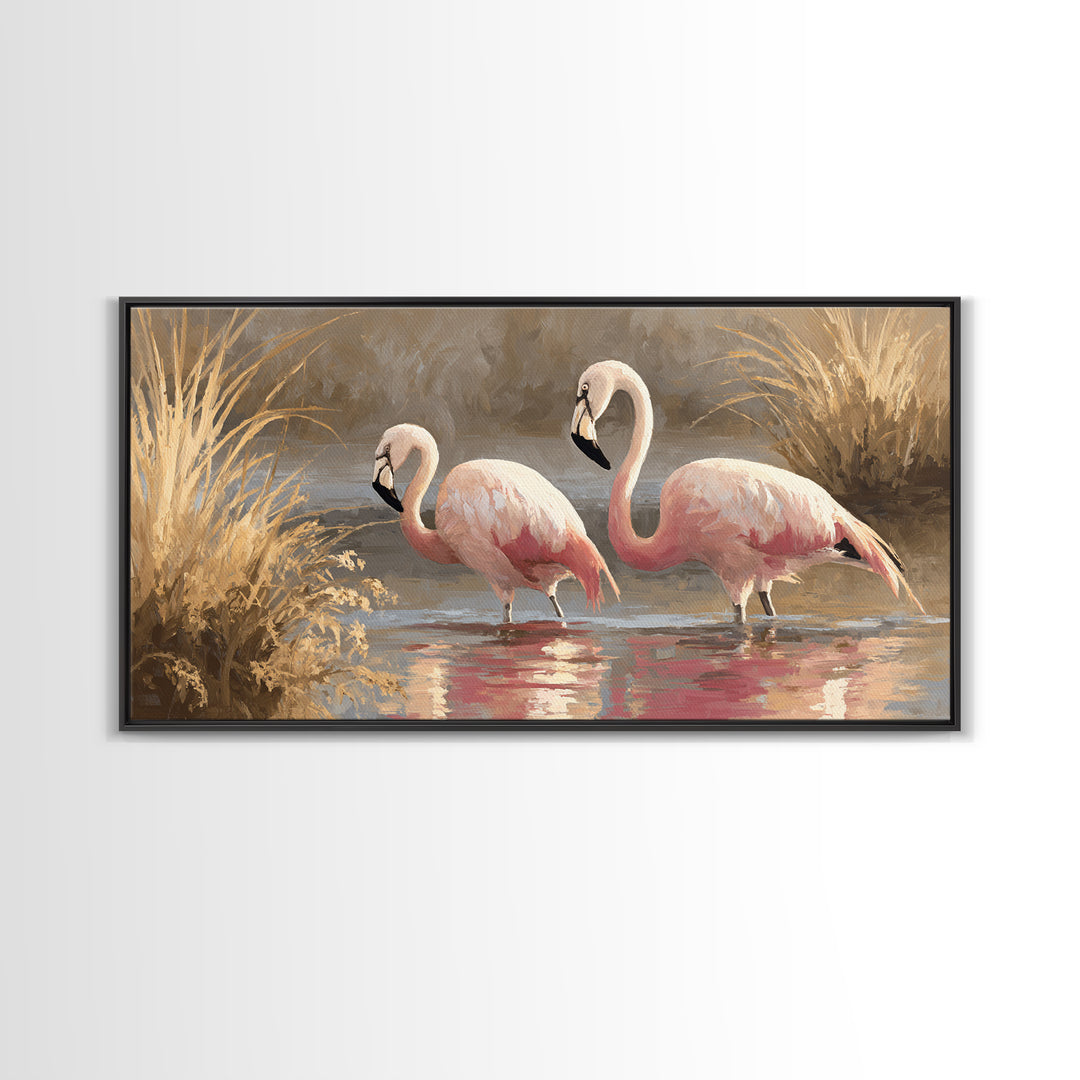 Flamingo Pair in Coral Water Reflections Framed Canvas Print, Bird Art, Luxury Decor, Living Room Decor, Fine Art, Flight, BIR-2x1-30