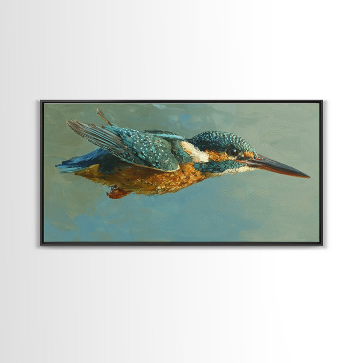 Kingfisher Diving Toward Blue Water Canvas Print, Bird Art, Digital Print, Living Room Decor, Fine Art, Flight, Bird Prints, BIR-2x1-31