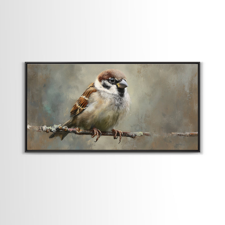 Small Sparrow on Wildflower Stem Framed Canvas Print, Bird Art, Art Print, Living Room Decor, Watercolor Art, Flight, BIR-2x1-34