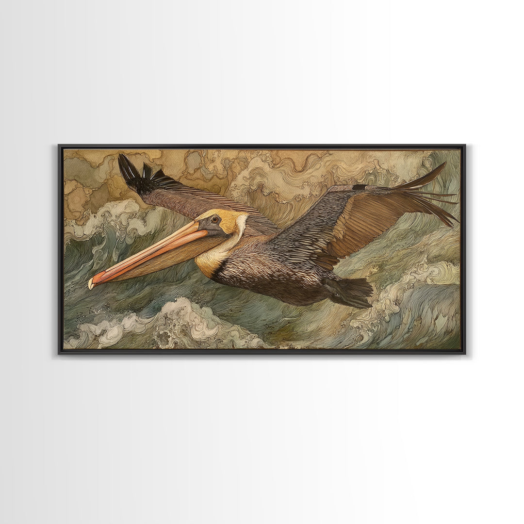 Pelican Flying over Coastal Waves Framed Canvas Print, Bird Art, Fine Art Print, Living Room Decor, Watercolor Art, Flight, BIR-2x1-38