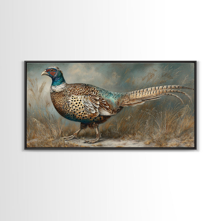 Pheasant with Ornate Feather Details Canvas Print, Bird Art, Printable Wall Art, Living Room Decor, Oil Painting, Flight, BIR-2x1-39