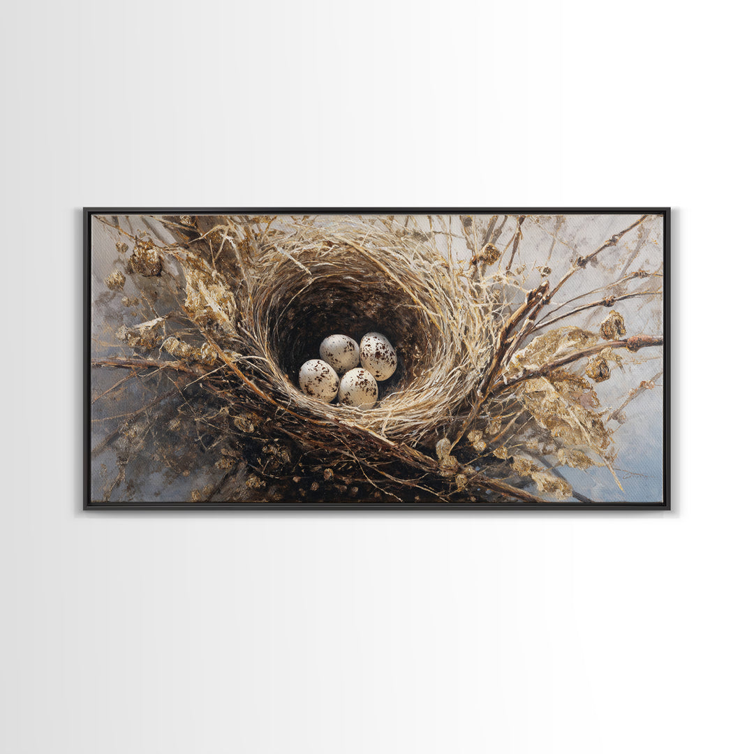 Bird Nest with Eggs and Delicate Twigs Framed Canvas Print, Bird Art, Statement Artwork, Living Room Decor, Fine Art, Flight, BIR-2x1-42