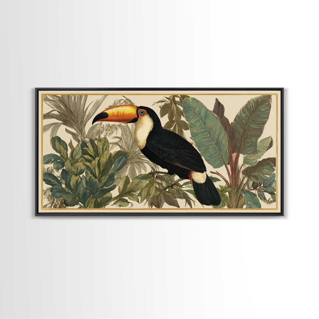 Toucan Framed by Bold Jungle Foliage Framed Canvas Print, Bird Art, Mid Century Modern, Living Room Decor, Fine Art, Flight, BIR-2x1-43