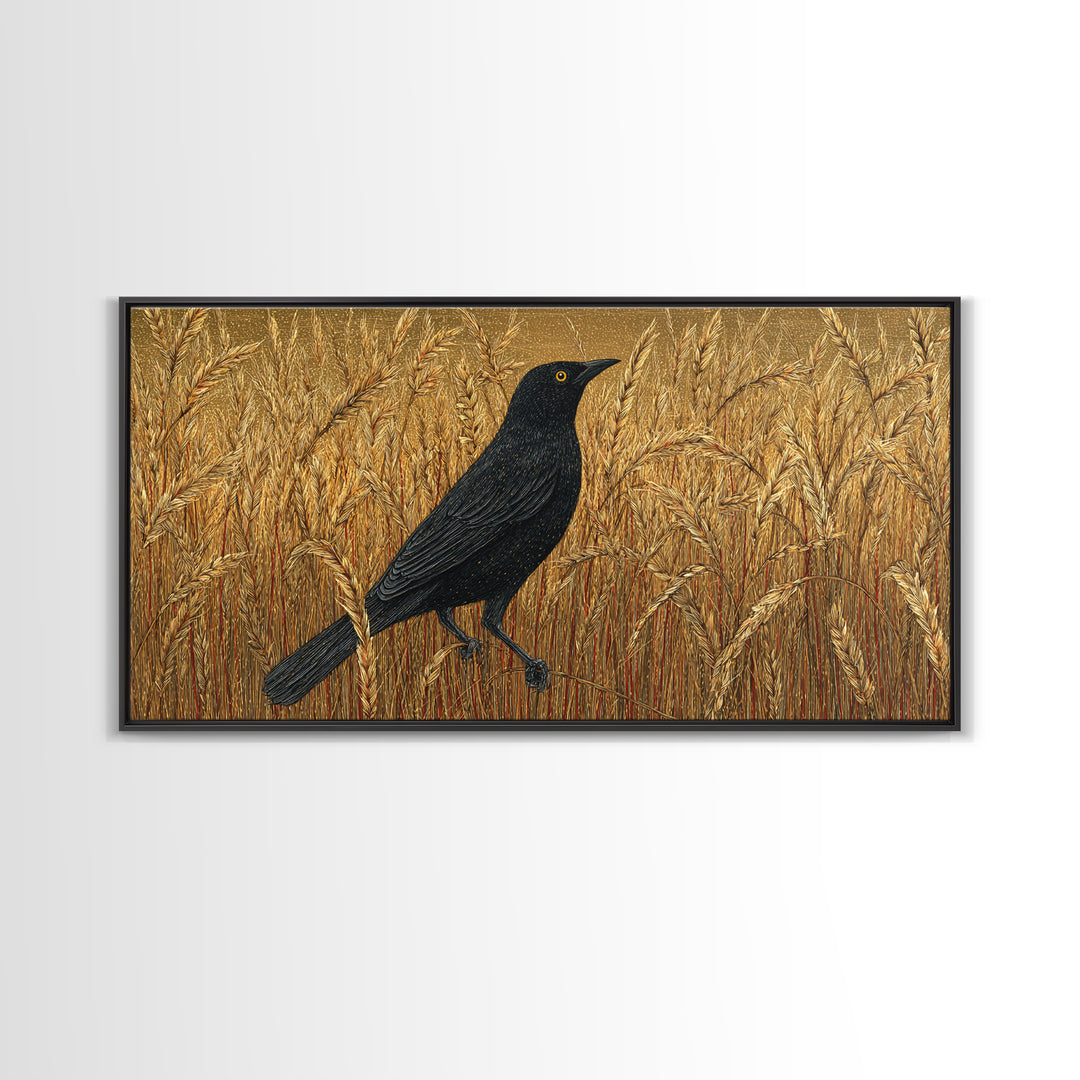 Blackbird on Gold Wheat Field Canvas Print, Bird Art, Textured Painting, Living Room Decor, Abstract Art, Flight, Printable Art, BIR-2x1-44