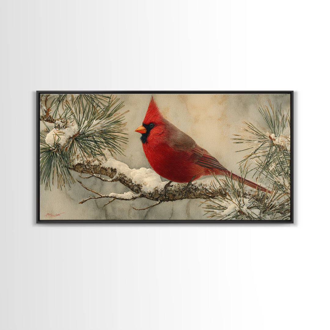 Red Cardinal on Snowy Pine Branch Framed Canvas Print, Bird Art, Art Deco, Living Room Decor, Oil Painting, Flight, BIR-2x1-45