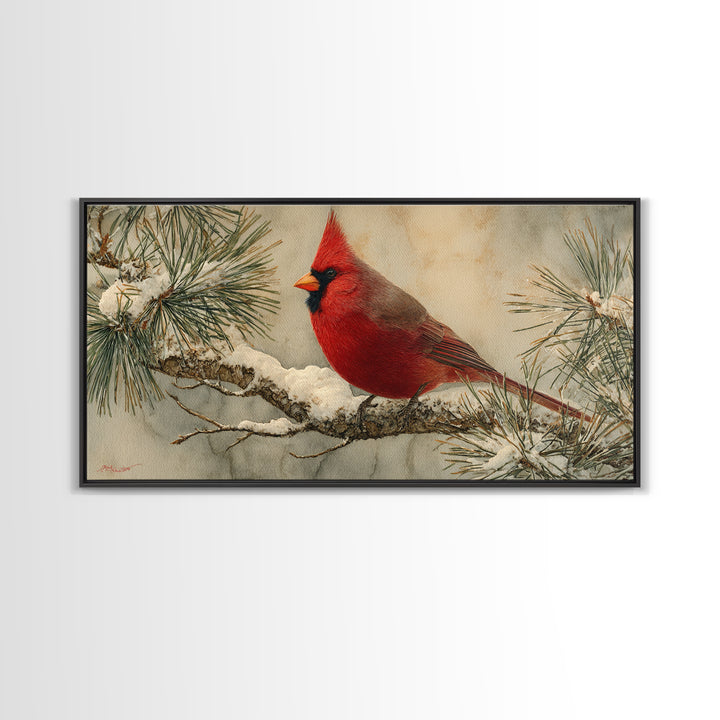 Red Cardinal on Snowy Pine Branch Framed Canvas Print, Bird Art, Art Deco, Living Room Decor, Oil Painting, Flight, BIR-2x1-45
