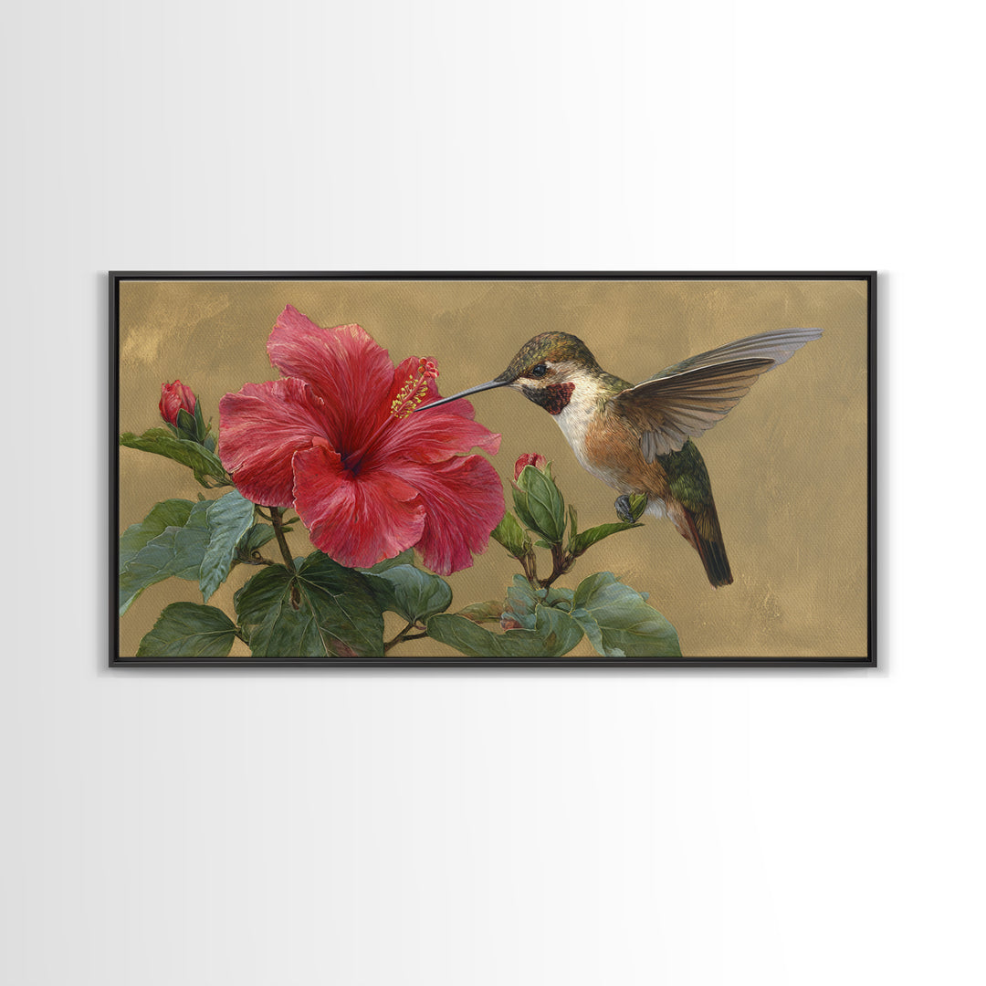 Hummingbird Hovering Beside Bright Hibiscus Canvas Print, Bird Art, Digital Prints, Living Room Decor, Fine Art, Flight, BIR-2x1-48