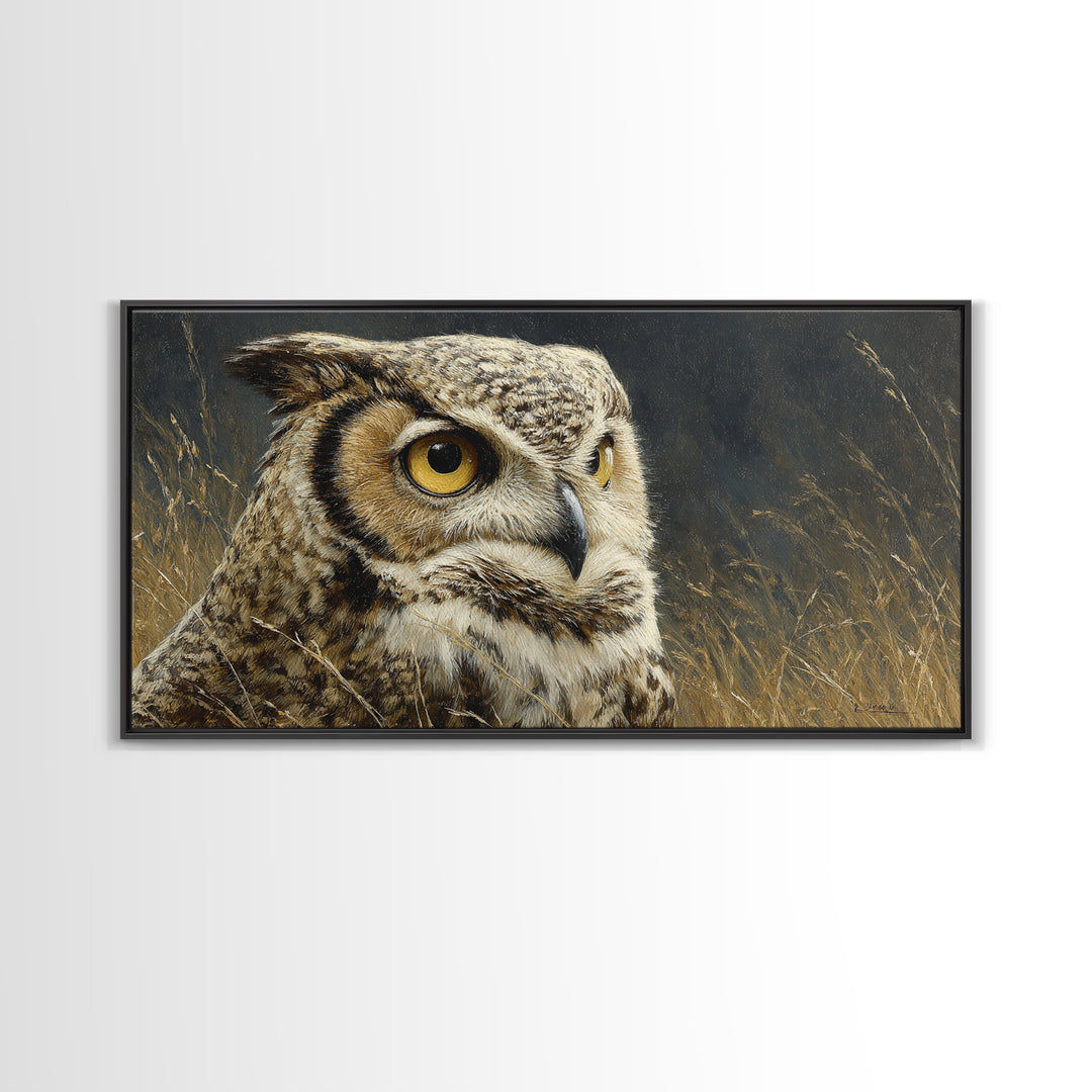 Owl Portrait with Wise Golden Eyes Canvas Print, Bird Art, Original Art, Living Room Decor, Fine Art, Flight, Mcm Decor, BIR-2x1-49