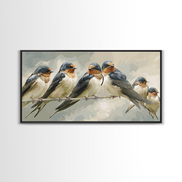Flock of Swallows Sweeping Across Open Sky Framed Canvas Print, Bird Art, Minimalist Decor, Living Room Decor, Fine Art, Flight, BIR-2x1-50