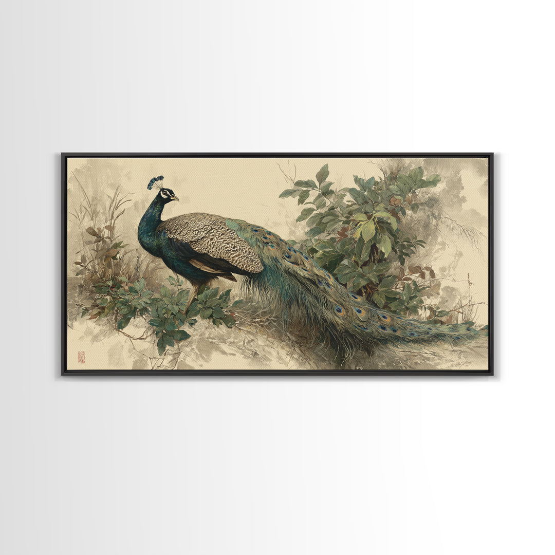 Peacock with Jewel Tone Feather Pattern Framed Canvas Print, Bird Art, Japanese Wall Art, Living Room Decor, Watercolor Art, BIR-2x1-51