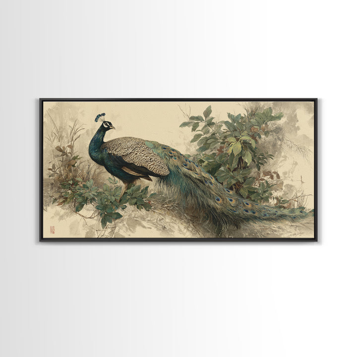 Peacock with Jewel Tone Feather Pattern Framed Canvas Print, Bird Art, Japanese Wall Art, Living Room Decor, Watercolor Art, BIR-2x1-51