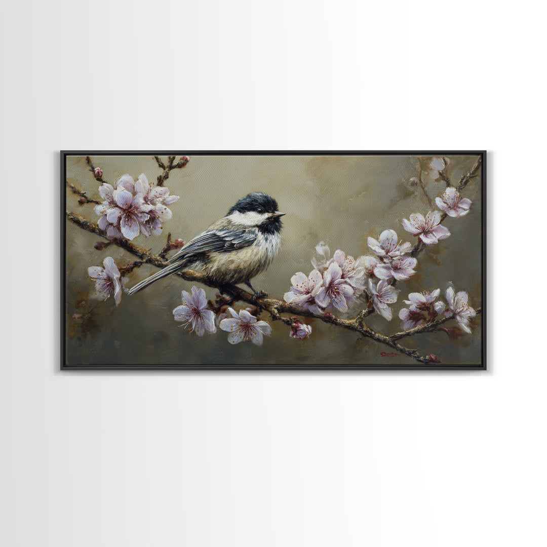 Songbird Perched on Cherry Blossoms Canvas Print, Bird Art, Printable Wall Art, Living Room Decor, Fine Art, Flight, Modern Art, BIR-2x1-52