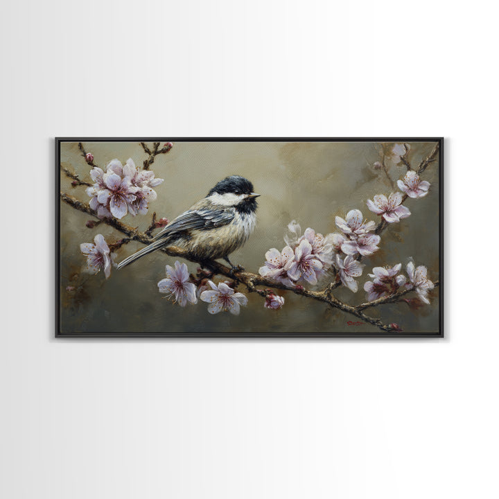 Songbird Perched on Cherry Blossoms Canvas Print, Bird Art, Printable Wall Art, Living Room Decor, Fine Art, Flight, Modern Art, BIR-2x1-52