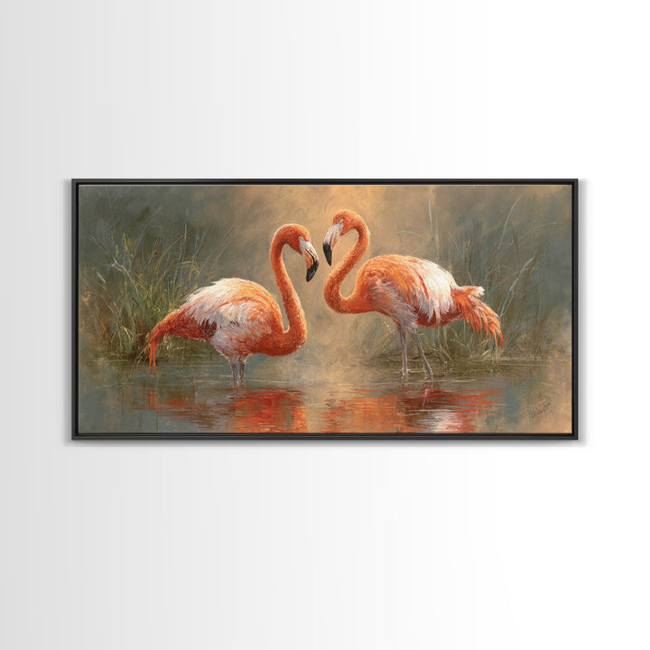 Flamingo Pair in Coral Water Reflections Canvas Print, Bird Art, Contemporary Art, Living Room Decor, Fine Art, Flight, BIR-2x1-54