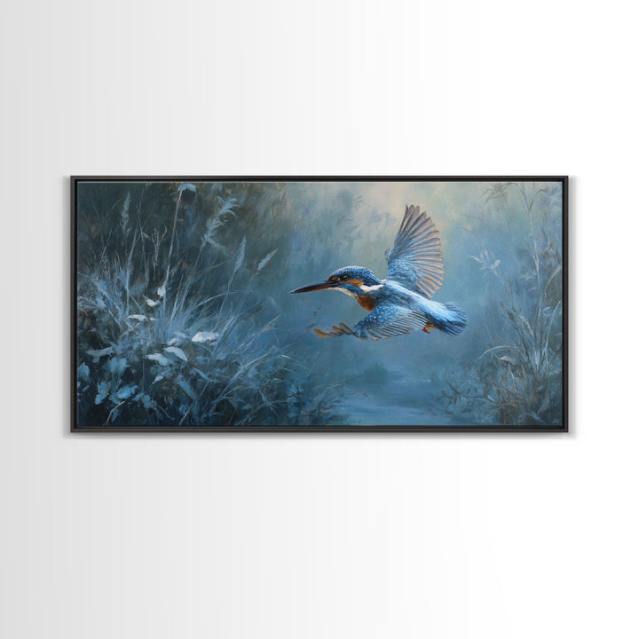 Kingfisher Diving Toward Blue Water Framed Canvas Print, Bird Art, Modern Wall Art, Living Room Decor, Fine Art, Flight, BIR-2x1-55