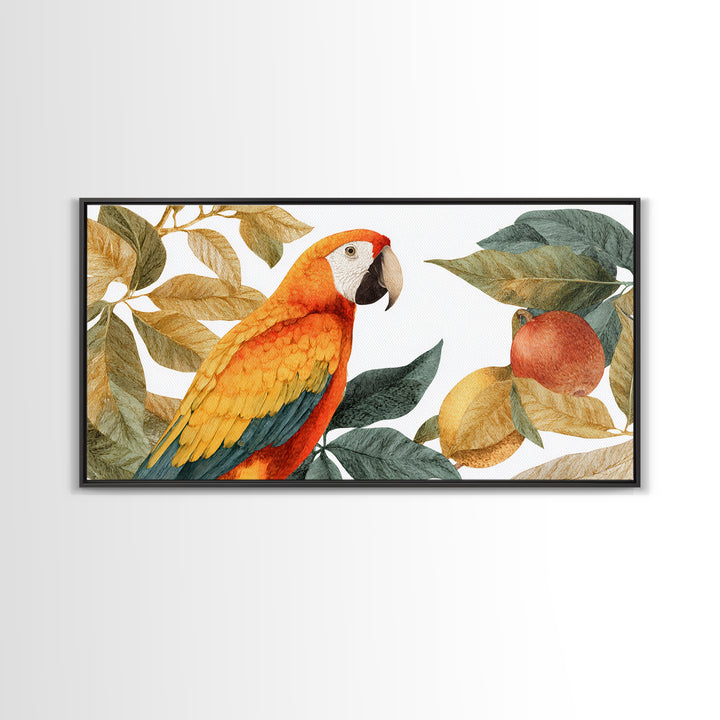 Parrot Among Tropical Leaves and Fruit Canvas Print, Bird Art, Digital Prints, Living Room Decor, Fine Art, Flight, Modern Art, BIR-2x1-57