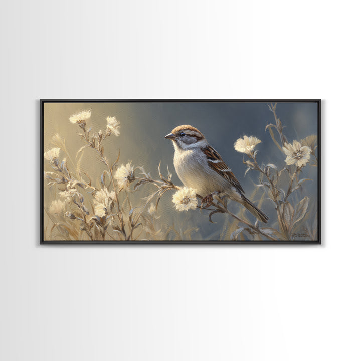 Small Sparrow on Wildflower Stem Canvas Print, Bird Art, Wall Art, Living Room Decor, Watercolor Art, Flight, Japanese Wall Art, BIR-2x1-58