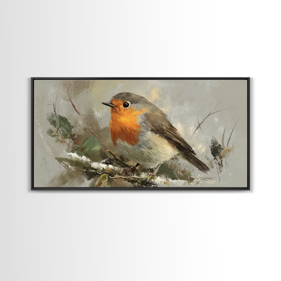 Robin in a Spring Garden with Soft Framed Canvas Print, Bird Art, Bird Prints, Living Room Decor, Watercolor Art, Flight, BIR-2x1-59